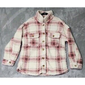 No Boundaries Fuzzy Plaid Button Up Over Shirt/Sweater/Jacket Size Large